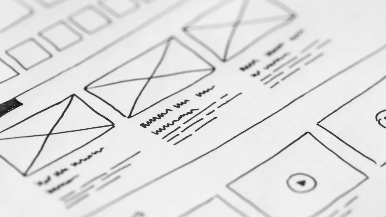 Kağıt üzerinde el çizimi web sitesi wireframe taslağı
