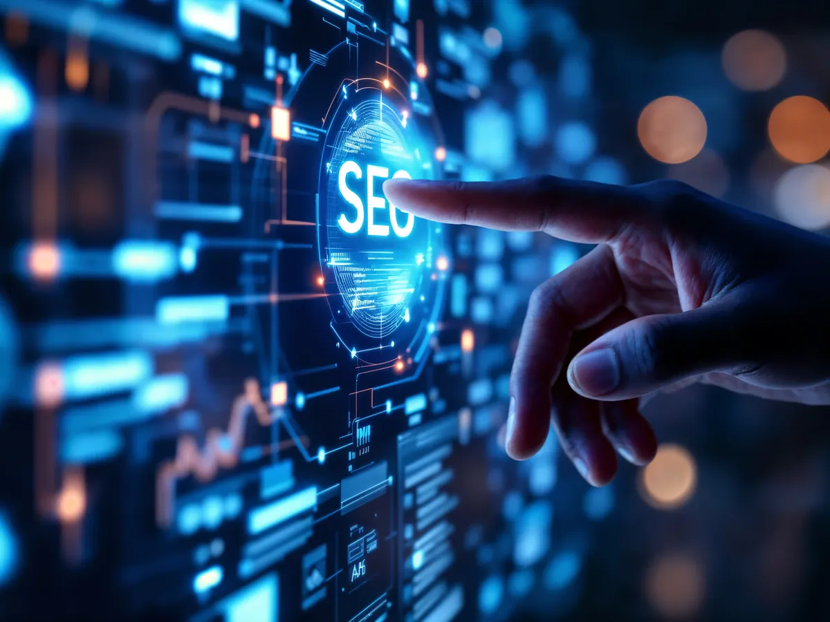 Dijital arayüzde SEO yazısına dokunan el, arama motoru optimizasyonu kavramı