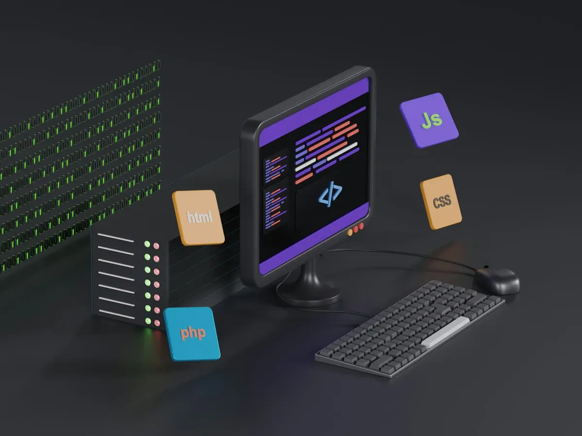 Monitör, klavye ve HTML, CSS, JavaScript, PHP simgeleriyle web yazılımı illüstrasyonu