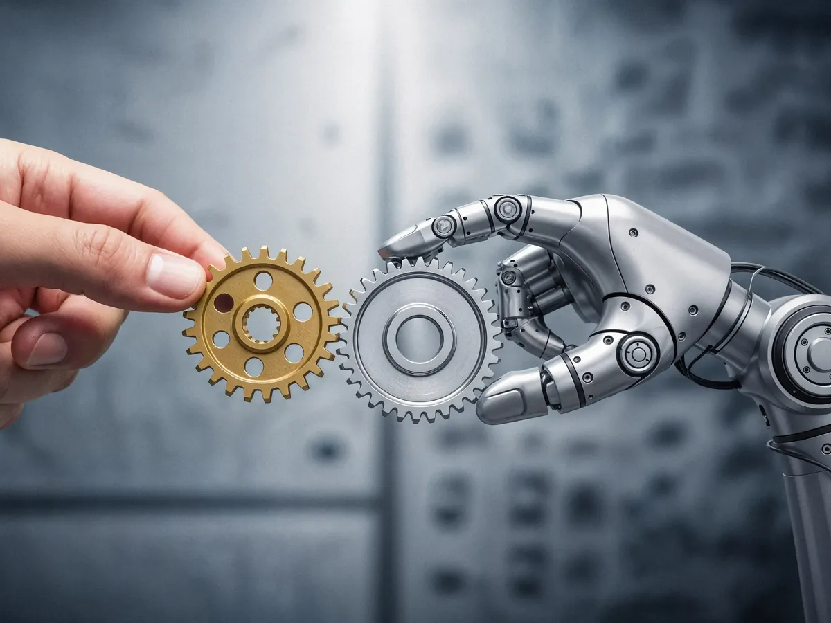 Dişli çarkı birlikte tutan insan eli ve robot eli, yapay zeka ve insan iş birliği