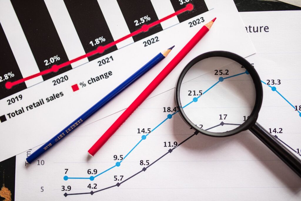 Büyüteç ile incelenen büyüme grafikleri, SEO fiyat ve yatırım getirisi
